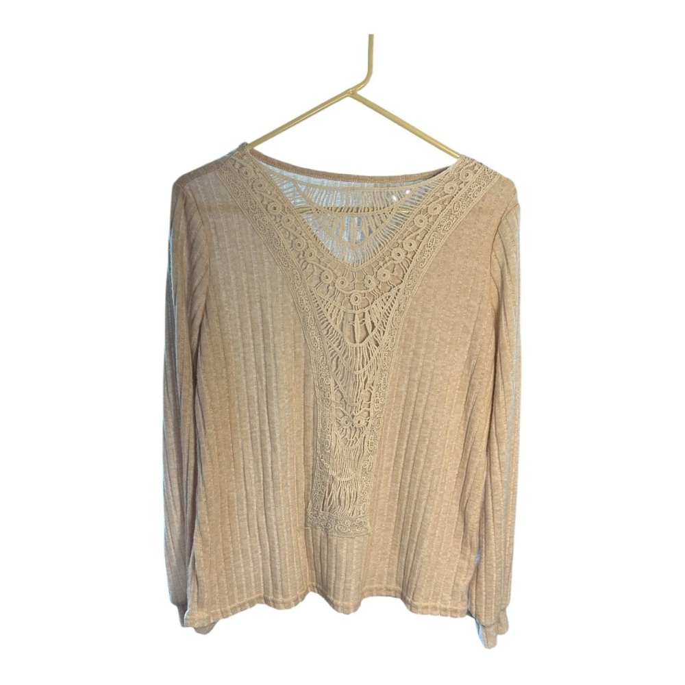 Elegant Tan Crochet Detail Sweater
